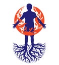 Vector illustration of athletic man composed with tree roots, fire person as bunch of the powerful energy covered with a fireball.