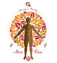 Vector illustration of athletic man created as a continuation of autumn tree. Human and nature harmony metaphor.