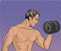 Vector illustration of athletic man with dumbbell, pop art style. Royalty Free Stock Photo