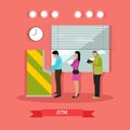 Vector illustration of ATM, people standing in queue for cash