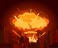 Vector illustration of atomic bomb in city. War and end of world concept in flat style. Dangers of nuclear energy.