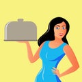 Vector illustration of an attractive female waitress with a plate covered with a tray