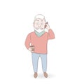 Vector illustration attractive man.Old man with a phone and a cup of coffee.Cartoon design isolated on a white background Royalty Free Stock Photo