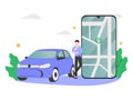 Vector illustration of autonomous online car sharing service controlled via smartphone app. Phone Royalty Free Stock Photo