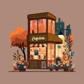 vector illustration autumn cafe, flat design, flat illustration, cozy cafe, house in flowers, shop window, night city Royalty Free Stock Photo