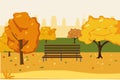 Vector illustration of autumn city park with trees, bench, city skyline.  Cartoon city park in flat style Royalty Free Stock Photo