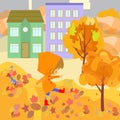 Vector illustration of autumn city yard with bright foliage trees, girl playing with autumn leaves, houses, pigeon and sparrows Royalty Free Stock Photo