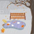 Vector illustration of autumn cold rain, gloomy, wet bench, hidden birds, falling autumn leaves, gloomy sky Royalty Free Stock Photo