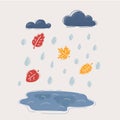 Vector illustration of autumn and fall rain. Puddle, leaves, waterdrop and clouds on white background. Royalty Free Stock Photo