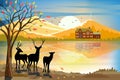 Vector illustration Autumn landscape farmfield with reindeer family and reflection of farmhouse and hills on the lake, fall season Royalty Free Stock Photo