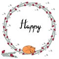 Vector illustration autumn round wreath made of green doodle lea