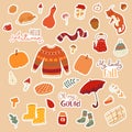 Vector illustration autumn stickers with cute seasonal elements and lettering.Cute doodle style. Cozy autumn concept stickers for Royalty Free Stock Photo