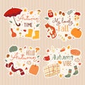 Vector illustration autumn stickers with cute seasonal elements and lettering.Cute doodle style. Cozy autumn concept stickers for Royalty Free Stock Photo