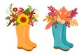 Vector illustration autumn wellies boots set with blooming bouquet autumn leaves and flowers.