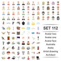 Vector illustration of avatar, face, australia, atelie, artist drawing architect icon set.