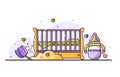 Vector illustration with baby accessories. Wooden crib for a newborn with a pillow and blanket. Bottle of milk. Birth of a boy or Royalty Free Stock Photo