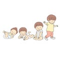 Vector illustration of baby growth stage in first year. Set of lying, rolling over, crawling, sitting, walking. 1 year child