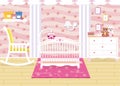 Vector illustration of baby room interior with a shelf, toys, cot, bedside table, armchair. Children s room in pink