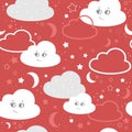 Children seamless pattern with cute clouds, stars on a red background. vector illustration baby seamless pattern