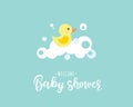 Vector illustration of a baby shower Invitation with a cute yellow duck Royalty Free Stock Photo