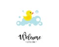 Vector illustration of a baby shower Invitation with a cute yellow duck Royalty Free Stock Photo