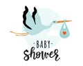 Vector illustration of a baby shower Invitation with stork Royalty Free Stock Photo