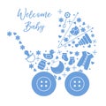 Newborn baby vector illustration. Baby stroller