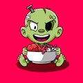 Vector illustration baby zombie character holding bowl filled brain and worms. Happy halloween illustration baby zombie with red