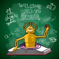 Vector illustration of back to school, the school Board robot book portal drawings with chalk on the Board. Sticker