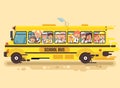 Vector illustration back to school cartoon characters schoolboy schoolgirls, pupils apprentices children riding school