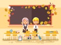 Vector illustration back to school cartoon two characters schoolboy and schoolgirl standing alone in empty classroom at