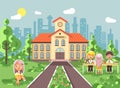 Vector illustration back to school character schoolgirl schoolboy pupil sitting on grass, exterior schoolyard, girl