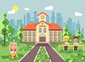 Vector illustration back to school character schoolgirl schoolboy pupil sitting on grass, exterior schoolyard, girl