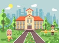 Vector illustration back to school character schoolgirl schoolboy pupil sitting on grass, exterior schoolyard, girl