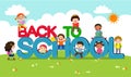 Back to school vector banner with school kids characters