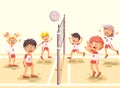 Vector illustration back to sport school children character schoolgirl schoolboy pupil classmates team game playing