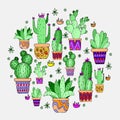 1597 cactus, vector illustration, background in bright colors, cacti in pots Royalty Free Stock Photo