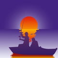 Vector illustration background fisherman on the boat fishes at sunset Royalty Free Stock Photo
