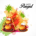 Happy Pongal Celebration with decorated Pot and sugarcane.