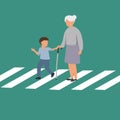 Vector illustration background of polite boy help grandmother cross street. Well-mannered child assistance to the aged woman. Kid Royalty Free Stock Photo