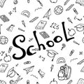 Seamless pattern on a school theme. Vector illustration background on a school theme.  Set textbook, pencil, apple, notebook, pen, Royalty Free Stock Photo