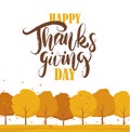 Background with trees, leaves fall and handwritten lettering of Happy Thanksgiving Day Royalty Free Stock Photo