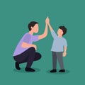 Vector illustration background of a young father giving high five cues to son for successful school achievement, parenting time.