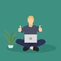 Vector illustration background of a young happy male student sitting on the floor to study while holding the laptop. Education on- Royalty Free Stock Photo