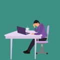 Vector illustration background of young tired businessman feels dizzy while he is working at the office. Work fatigue after