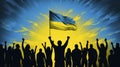 vector illustration, backview group of people, sihouettes in black color, waiste up, holding arms up with the flag of ukraine Royalty Free Stock Photo