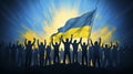 vector illustration, backview group of people, sihouettes in black color, waiste up, holding arms up with the flag of ukraine Royalty Free Stock Photo
