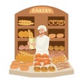 Vector Illustration A baker in a bakery is holding a paper bag with baguette. Lots of pastries, bread, croissants, pretzels, rolls Royalty Free Stock Photo