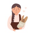 Vector illustration of a baker girl holding fresh bread.