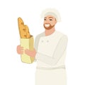Vector illustration with a baker man holding a paper bag with baguette in his hands. Design of natural, farm products, pastries, Royalty Free Stock Photo